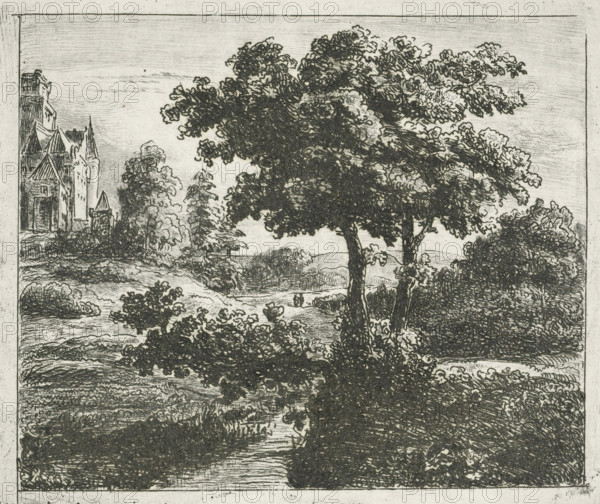 Landscape with church on a hill, print, printmaker: Johannes Adrianus van der Drift, Netherlands, 1823 - 1883, paper, chine collé, etching, etching on chine collé, height 100 mm x width 118 mm, landscape with other man-made constructions not mentioned above, e.g.: graveyards, playgrounds, A monochrome etching showing a landscape with large, leafy trees in the foreground, their trunks and dense foliage rendered with dark, textured lines, a winding river or stream flowing beneath and through grassy, brushy banks, and a cluster of buildings with pointed roofs and towers visible at the left edge; distant rolling hills and scattered smaller trees appear in the middle ground, and the sky is lightly hatched with fine horizontal strokes.