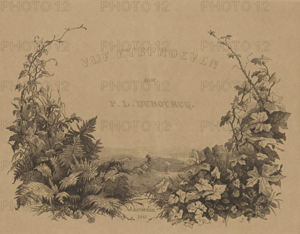 Artist at work in nature, Five etching proofs, wrapper, print, Cover for folder with five etching proofs. In a landscape, an artist sits under the protection of a parasol, working from nature. With a floral border of fern and ivy., printmaker: Pierre Louis Dubourcq, Netherlands, 1841, paper, etching, height 500 mm x width 365 mm, working situations of artist - BB - out of doors, A sepia-toned drawing shows dense, detailed foliage framing an open central space, with tall climbing vines and broad-leafed plants on both sides and ferns and smaller plants at the base; a narrow view of water is visible through the gap between the plant masses, and delicate line work and shading create texture on leaves and stems against a plain background.