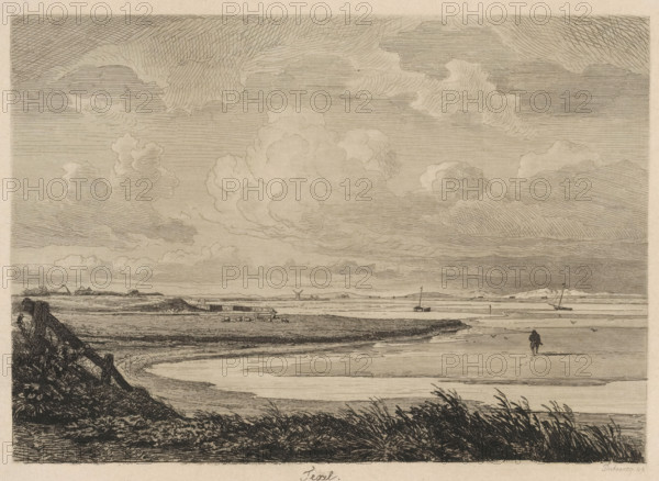 Texel, Six etching proofs, print, View of a bay on the coast of Texel with a mudflat walker. Across the bay, a flock of sheep. Two boats have run aground during the ebb tide., printmaker: Pierre Louis Dubourcq, Netherlands, 1849, paper, chine collé, etching, drypoint, roulette, intaglio printmaking technique, drypoint and roulette with plate tone on chine collé, height 207 mm x width 255 mm, gulf, bay, mud flat, A wide coastal landscape rendered in fine linework showing a broad sky filled with layered, billowing clouds above a flat shoreline with shallow water and tidal flats, a lone figure walking near the water's edge, small boats moored or anchored offshore, a distant windmill and low buildings on the horizon, grassy foreground dunes and a rough wooden fence or breakwater on the left, and delicate linear shading throughout to indicate texture and depth.