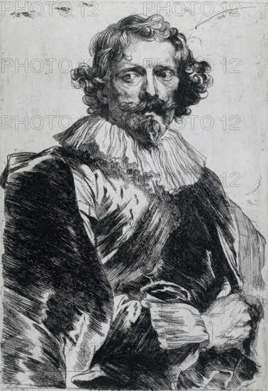 Portrait of Lucas Vorsterman I, Iconography, print, The painter and engraver Lucas Vorsterman I (1595-1675): knee-length, facing right. Vorsterman was already working as an engraver at the age of 12. In 1617 or 1618, he entered the studio of the Antwerp artist Peter Paul Rubens as an apprentice, where he received the title of Master in 1620. Rubens commissioned Vorsterman to make engravings after his paintings. The relationship deteriorated, and Vorsterman left for England in 1624. After his return around 1630, he worked for, among others, Anthony van Dyck., printmaker: Anthony van Dyck, Low Countries, 1630 - 1632, paper, etching, height 245 mm x width 156 mm, Person, Lucas Vorsterman (I), portrait, self-portrait of graphic artist, A black and white etched portrait of a man shown from the chest up wearing a large ruffled collar and voluminous garments with textured, crosshatched shading, his curly hair and moustache and goatee rendered in fine lines, his eyes looking slightly to the si...