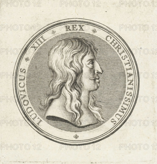 Coin with bust of Louis XIII, print, Obverse of a coin with bust in profile of Louis XIII, issued on the occasion of the birth of Louis XIV in 1638., printmaker: Gerard Edelinck, Paris, after drawing by Antoine Coypel, 1702, paper, engraving, height 56 mm x width 53 mm, Person, Louis XIII (King of France), A circular engraved medallion contains a profile bust of a man facing right with long wavy hair and a mustache, rendered with fine parallel lines for shading; concentric decorative rings surround the portrait and the background within the inner circle is filled with closely spaced horizontal lines; the paper shows light aging and small specks and the lower area outside the medallion is mostly blank with subtle texture.
