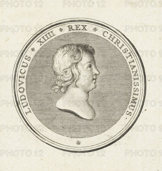 Coin with bust of Louis XIV, print, Obverse of a coin with a profile bust of the young Louis XIV, first issued after the death of his father, Louis XIII in 1643., printmaker: Gerard Edelinck, Paris, after drawing by Antoine Coypel, 1702, paper, engraving, height 58 mm x width 53 mm, Person, Louis XIV (King of France), An oval medallion with a profile bust of a person facing right, rendered in fine engraved lines and dot shading, showing wavy hair and facial features, set against a densely lined background and surrounded by concentric circular borders with decorative small floral motifs.