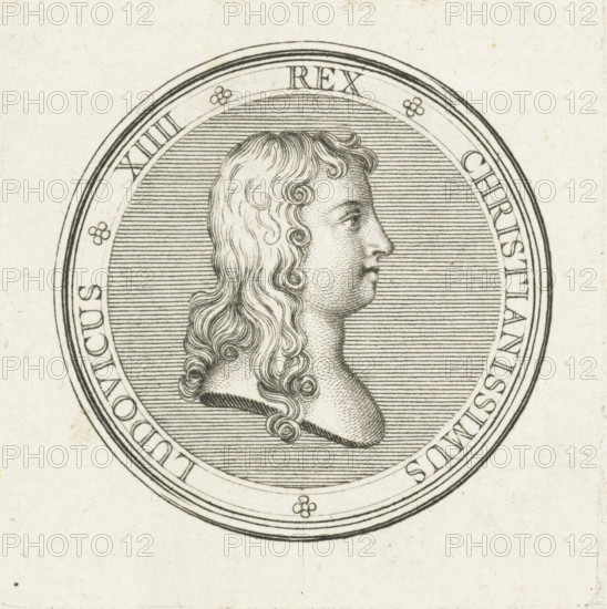 Coin with bust of Louis XIV, print, Obverse of a coin with bust in profile of Louis XIV, first issued on the occasion of the regency of his mother in 1643., printmaker: Gerard Edelinck, Paris, after drawing by Antoine Coypel, 1702, paper, engraving, height 56 mm x width 54 mm, Person, Louis XIV (King of France), An engraved circular medallion featuring a profile bust of a man facing right with long wavy hair cascading past his shoulders, finely stippled skin texture, and a pronounced nose, set against a densely lined background within concentric ornamental borders.