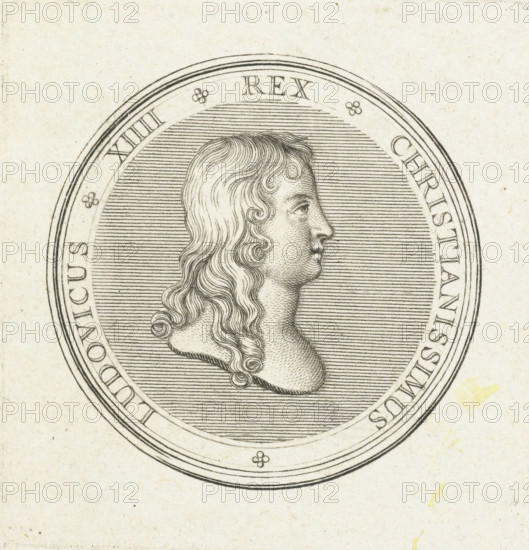 Coin with bust of Louis XIV, print, Obverse of a coin with bust in profile of Louis XIV, first issued after the Battle of Rocroi in 1643., printmaker: Gerard Edelinck, Paris, after drawing by Antoine Coypel, 1702, paper, engraving, height 57 mm x width 54 mm, Person, Louis XIV (King of France), A circular engraved medallion with a scalloped outer rim enclosing a finely lined oval field that frames a profile portrait of a person facing right with long wavy hair cascading past the shoulders and a smooth neck, the face rendered with detailed line work for hair texture and skin shading, surrounded by decorative small floral motifs placed around the inner border, all printed on a textured off-white paper with faint spots and discoloration.