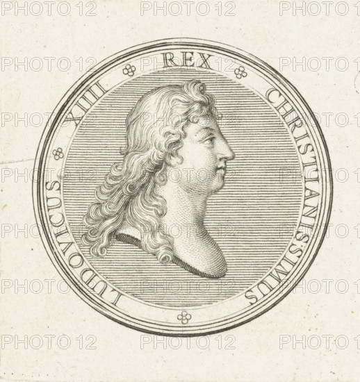 Coin with bust of Louis XIV, print, Obverse of a coin with bust in profile of Louis XIV., printmaker: Gerard Edelinck, Paris, after drawing by Antoine Coypel, 1702, paper, engraving, height 57 mm x width 54 mm, Person, Louis XIV (King of France), A detailed circular engraving of a profile bust facing right occupies the upper half of the image, showing a person with long, wavy hair rendered in fine parallel and curved lines, with textured stippling on the face and neck; the bust is set against a densely hatched background within concentric decorative borders that include small floral motifs and segmented bands; the surrounding paper has a slightly aged, speckled texture.