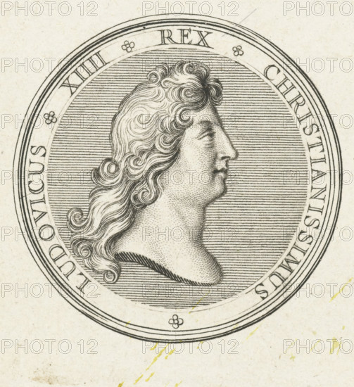 Coin with bust of Louis XIV, print, Obverse of a coin with bust in profile of Louis XIV., printmaker: Gerard Edelinck, Paris, after drawing by Antoine Coypel, 1702, paper, engraving, height 56 mm x width 53 mm, Person, Louis XIV (King of France), An engraved circular medallion showing a profile portrait of a person with wavy, curled hair flowing down the neck, rendered with fine parallel lines in the background and stippled shading on the face and neck, surrounded by a decorative double-ring border and small floral motifs, all on aged, lightly speckled paper with faint yellowish smudges near the lower area.