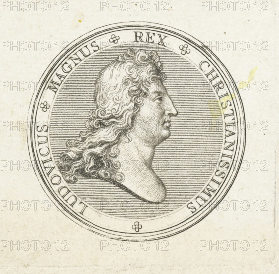 Coin with bust of Louis XIV, print, Obverse of a coin with bust in profile of Louis XIV., printmaker: Gerard Edelinck, Paris, after drawing by Antoine Coypel, 1702, paper, engraving, height 54 mm x width 56 mm, Person, Louis XIV (King of France), A circular engraved medallion occupies the upper half of the image, showing a profile bust of a person facing right with long wavy hair rendered in fine curling lines and a textured skin pattern, set against a background of closely spaced horizontal lines; the medallion has concentric borders and small decorative floral motifs between borders, and the surrounding paper shows light discoloration and small specks and stains.