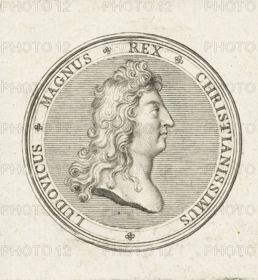 Coin with bust of Louis XIV, print, Obverse of a coin with bust in profile of Louis XIV., printmaker: Gerard Edelinck, Paris, after drawing by Antoine Coypel, 1702, paper, engraving, height 56 mm x width 54 mm, Person, Louis XIV (King of France), A detailed engraved profile of a person facing right is centered inside a circular medallion with concentric borders; the figure has long, wavy hair with curls rendered in fine lines and a textured face made of stippling and hatching, a straight nose, and a defined chin and neck; the background within the inner circle consists of closely spaced horizontal lines; small floral motifs appear at intervals on the border; the engraving is on a lightly textured, aged paper with subtle speckles and faint stains.