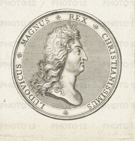 Coin with bust of Louis XIV, print, Obverse of a coin with bust in profile of Louis XIV., printmaker: Gerard Edelinck, Paris, after drawing by Antoine Coypel, 1702, paper, engraving, height 57 mm x width 54 mm, Person, Louis XIV (King of France), An engraved circular medallion featuring a right-facing profile of a person with long, wavy hair rendered in fine parallel lines and stippling, surrounded by concentric decorative borders and a textured background of horizontal lines, all printed on aged, slightly speckled paper.