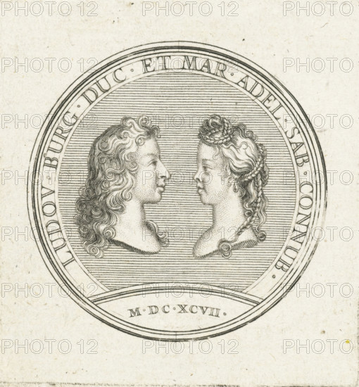 Coin with busts of the Duke and Duchess of Burgundy, print, Reverse of a coin with profile busts of Louis, Duke of Burgundy and Maria Adelaide of Savoy, facing each other. The coin is dated 1697: the year of their marriage., printmaker: Gerard Edelinck, Paris, 1702, paper, engraving, height 62 mm x width 58 mm, Person, Louis of France (Duke of Burgundy), Maria Adelaide of Savoy, An engraved circular medallion centered on a textured light background shows two classical-style busts in profile facing each other, one with long curly hair and the other with braided hair and a small crown of braids, both rendered with fine line shading and stippling; the medallion is surrounded by concentric borders with closely spaced horizontal lines filling the inner field and decorative bands around the rim, and there is a curved cartouche at the lower edge of the medallion.
