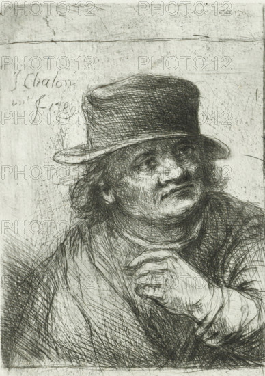 Two male portraits, print, Two portraits on an uncut sheet. The left portrait is of an unknown man with a hat. Bust facing right. The right portrait is of an old man with a beard and a fur coat. Bust facing left., printmaker: Jan Chalon, Northern Netherlands (possibly), 1789, paper, etching, drypoint, etching and drypoint on uncut sheet, height 110 mm x width 150 mm, morphology of human expression (old male (human being)), A monochrome etched portrait of a person wearing a rounded brim hat, shown from the chest upward, with tousled hair visible beneath the hat and a mustache on the face; the person’s head is tilted slightly and the eyes look upward, while one hand is raised near the chest with fingers curled; the image is composed of dense cross-hatched lines and scratches creating textured shading across the hat, face, clothing, and background.