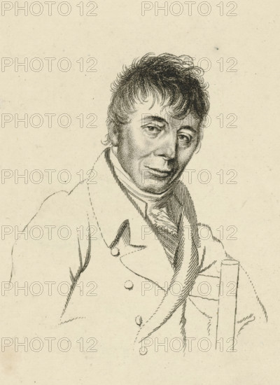 Portrait of Daniël Dupré, print, Portrait of the artist Daniël Dupré., printmaker: Jacob Ernst Marcus, Amsterdam, after drawing by Hendrik Willem Caspari, 1813, paper, etching, stippelets, etching and stippelets, print from a plate partially covered with paper, height 122 mm x width 92 mm, Etudes gravées. Amsterdam: S. de Grebber, 1826., Person, Daniël Dupré, A monochrome line drawing of a man shown from the chest up wearing a coat with wide lapels and buttons, a high collar, and a scarf or cravat around his neck; he has short, wavy hair, detailed facial features with a faint smile and visible eyes looking slightly to the side, and one arm resting near a cylindrical object that extends upward beside him.