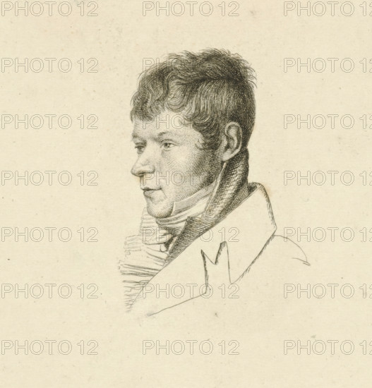 Portrait of Anthony Oberman, print, Bust of the artist Anthony Oberman., printmaker: Jacob Ernst Marcus, Amsterdam, after drawing by Hendrik Willem Caspari, 1812, paper, etching, print from a partially paper-covered plate, height 140 mm x width 101 mm, Etudes gravées. Amsterdam: S. de Grebber, 1826., Person, Anthony Oberman, A side-profile sketch of a man with short wavy hair and defined facial features, showing his eye, nose, mouth, ear, and a hint of sideburns; he wears a high-collared coat and a scarf wrapped around his neck, with fine line shading and stippling used for texture on the face, hair, and clothing against a plain, lightly speckled background.