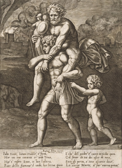 Aeneas and his family flee from Troy, print, Aeneas walks with his father Anchises on his back. In his right hand, Anchises carries the household gods (Penates). Behind Aeneas walks his son Ascanius. In the background, burning Troy. Italian text in two columns in bottom margin., number: '1', collector's mark: 'Hinloopen', printmaker: Master of the Dice, Italy, after design by Raphael, publisher: Philippe Thomassin, Rome, c. 1530 - c. 1560, Master of the Dice, Raphael, Philippe Thomassin, printmaker, after design by, publisher, paper, engraving, intaglio printmaking technique, engraving with plate tone, height 257 mm x width 187 mm, 'Pius Aeneas': Aeneas, leading Ascanius, escapes from burning Troy, carrying his father Anchises with the Penates, his wife Creusa, who sets out with them, is lost on the way, A monochrome engraving showing three nude or partially draped male figures walking on a ground plane with a walled city and plumes of smoke in the background. In the foreground a muscu...