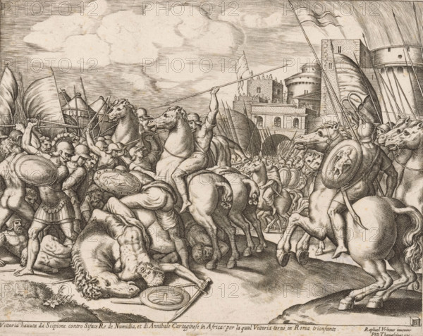 Victory of Scipio over King Syphax, print, A battle with soldiers on foot and on horseback. On the right in the background, the walls of a city from which people are watching. A line of Italian text in the lower margin., collector's mark: 'Hinloopen', printmaker: Master of the Dice, Italy, after design by Raphael, publisher: Philippe Thomassin, c. 1530 - c. 1560, Master of the Dice, Raphael, Philippe Thomassin, printmaker, after design by, publisher, paper, engraving, intaglio printmaking technique, engraving with plate tone, height 202 mm x width 253 mm, battle, (story of) P. Cornelius Scipio Africanus Major, A busy battle scene rendered in fine line work shows armored soldiers, horsemen, and fallen figures crowded across the composition; horses rear and stride, riders wield long spears and round shields, some shields bearing carved figures, while helmets, plumed hats, and cuirasses appear on many combatants; in the background a fortified town with towers, walls, and people standing o...