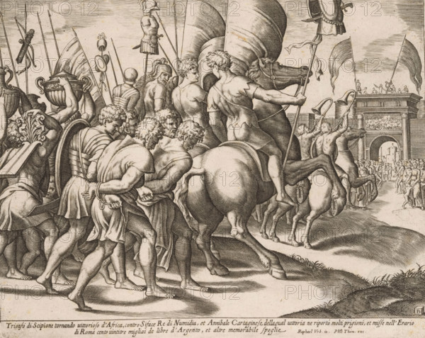 Triumph of Scipio, print, Triumphal procession of Scipio Africanus in Rome after his victory over the Carthaginian army. Behind the victors on horseback walk the chained vanquished. On the right a triumphal arch. Two lines of Italian text in the lower margin., collector's mark: 'Hinloopen', printmaker: Master of the Dice, Italy, after design by Raphael, publisher: Philippe Thomassin, c. 1530 - c. 1560, Master of the Dice, Raphael, Philippe Thomassin, printmaker, after design by, publisher, paper, engraving, intaglio printmaking technique, engraving with plate tone, height 200 mm x width 253 mm, triumphal arch, triumph of Scipio, A detailed monochrome engraving shows a procession of muscular, bare-chested men and soldiers moving toward a large ornate arch in the background; many figures are shown from the back or in three-quarter view, wearing short tunics or armor and carrying spears, banners, helmets, and decorative vessels, while some lead or ride horses whose flanks and hindquarters...