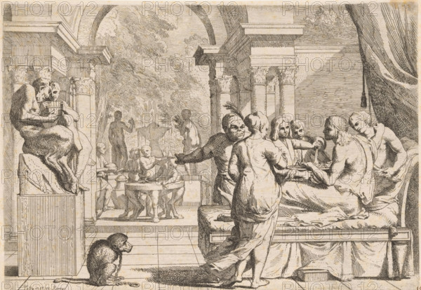 The prodigal son squanders his inheritance, Story of the prodigal son, L' Historia Del Figliolo prodigo, print, The prodigal son on the right on a bed, surrounded by women. On the left a sculpture with two satyrs and on the ground a chained monkey. In the background servants and a fountain., number: '18', collector's mark: 'Hinloopen', printmaker: Pietro Testa, Rome, c. 1621 - 1650, paper, etching, intaglio printmaking technique, etching with plate tone, height 209 mm x width 298 mm, monkeys, apes, the prodigal son in the midst of prostitutes feasting and dissipating his patrimony, usually in a brothel or inn, A detailed ink drawing shows a scene set within a columned interior opening onto an outdoor area with trees and a fountain; in the foreground, a reclining bearded man on a cushioned bench extends a cup while seated draped in cloth, surrounded by standing and seated figures who present dishes and hold serving implements; a woman with her back turned approaches carrying a tray, and...