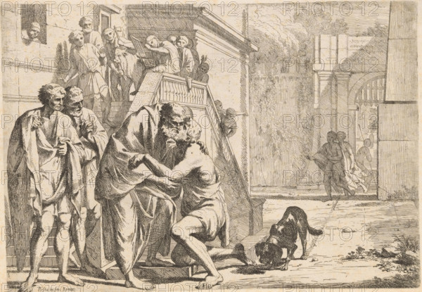 Homecoming of the Prodigal Son, L' Historia Del Figliolo prodigo, Story of the Prodigal Son, print, The prodigal son kneels before his father and is embraced by him. On the left, two onlookers and a group of figures on a staircase., number: '12', collector's mark: 'Hinloopen', printmaker: Pietro Testa, Rome, c. 1621 - 1650, paper, etching, intaglio printmaking technique, etching with plate tone, height 208 mm x width 299 mm, the prodigal son returns home, where his father awaits him, A detailed pen-and-ink scene shows an older bearded man embracing a younger, nearly naked man who kneels before him on steps; both figures occupy the central foreground and wear draped cloths. To the left, three standing men in long robes with cloaks look toward the central pair, one holding a staff and another clasping his hands. Behind them, a group of figures stands on a raised platform and stair, some leaning on the railing and one peering from a window set into a stone wall. Two dogs are in the foregr...