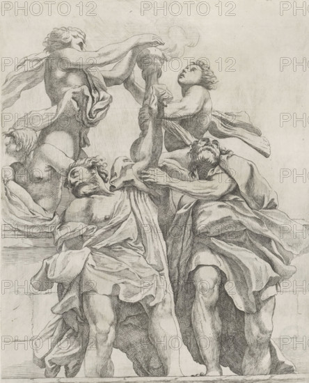 Two apostles and three angels, Dome decorations by Correggio in the S. Giovanni Evangelista in Parma, print, Two apostles in front of and three naked figures (possibly angels) on a wall., number: '14', printmaker: Giovanni Battista Vanni, Italy, after painting by Correggio, Parma (city), 1609 - 1660, paper, etching, intaglio printmaking technique, etching with plate tone, height 371 mm x width 298 mm, A detailed monochrome engraving shows a group of draped figures clustered around a tall twisted column or torch. Muscular torsos, limbs, and flowing garments are rendered with fine crosshatching and contour lines. Two figures near the top reach upward, one holding the column while the other extends an arm over it, and a curl of smoke or vapor rises from the column. Faces display varied expressions and turned gazes, with hair depicted in soft curls and waves. The lower bodies of the figures are partly visible beneath heavy, folded drapery that cascades into deep shadowed folds. The backgro...