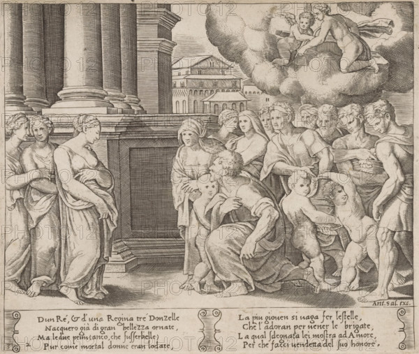 Psyche as a goddess worshipped by the people, Story of Cupid and Psyche, print, Series number, 2, 32, On the left stands the king's daughter Psyche and on the right the people offering sacrifices to her. In the upper right the jealous Venus and her son Cupid. Italian text in two cartouches in the lower margin. Numbered lower left: 3 and 2., collector's mark: 'Hinloopen', number: '30', printmaker: Master of the Dice, Italy, after design by Michiel Coxie (I), publisher: Antonio Salamanca, Rome, c. 1530 - c. 1560, paper, engraving, intaglio printmaking technique, engraving with plate tone, height 200 mm x width 237 mm, A detailed monochrome engraving shows a classical architectural setting with large fluted columns and a stepped platform on the left and a group of buildings with arched openings in the middle distance. In the foreground a crowd of figures in flowing drapery are arranged across the scene, including seated and standing adults and several children with rounded faces; one seat...