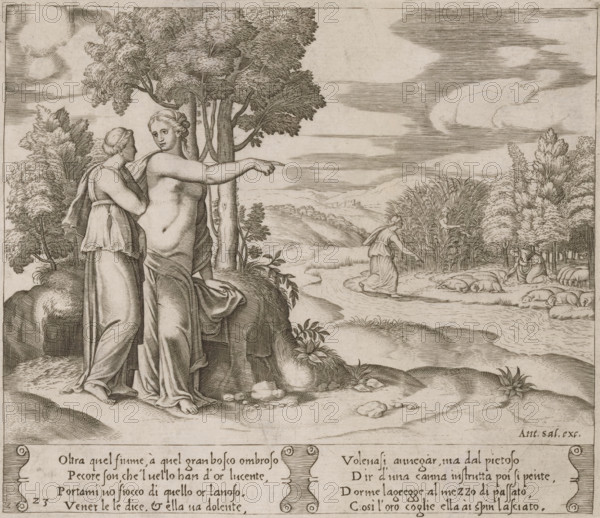 Psyche Collects Golden Wool, Story of Amor and Psyche, print, Series number, 23, 32, Venus instructs Psyche to collect wool from a flock of sheep with a golden fleece. On the left, Venus points Psyche towards the sheep on the other side of a river. On the right, Psyche with the sheep and among the reeds that whispered advice to her on how to collect the wool. Italian text in two cartouches in the lower margin. Numbered twice lower left: 23., number: '11', collector's mark: 'Hinloopen', printmaker: Master of the Dice, Italy, after design by Michiel Coxie (I), publisher: Antonio Salamanca, Rome, c. 1530 - c. 1560, Master of the Dice, Michiel Coxie (I), Antonio Salamanca, printmaker, after design by, publisher, paper, engraving, intaglio printmaking technique, engraving with plate tone, height 203 mm x width 235 mm, A detailed engraving shows two figures standing on a rocky ledge beside a group of trees, one figure partially draped and pointing toward the right while the other stands clos...