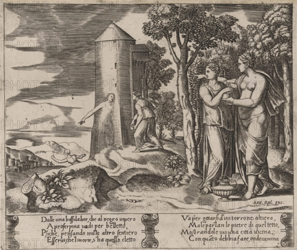 Psyche on her way to the Underworld, Story of Amor and Psyche, print, Series number, 24, 32, Venus instructs Psyche to descend into the Underworld and bring back a jar filled with the beauty of Proserpina, the queen of the Underworld. On the left, Psyche by the tower giving her advice. Italian text in two cartouches in the lower margin. Numbered lower left: 24., collector's mark: 'Hinloopen', number: '8', printmaker: Master of the Dice, Italy, after design by Michiel Coxie (I), publisher: Antonio Salamanca, Rome, c. 1530 - c. 1560, Master of the Dice, Michiel Coxie (I), Antonio Salamanca, printmaker, after design by, publisher, paper, engraving, intaglio printmaking technique, engraving with plate tone, height 200 mm x width 237 mm, A monochrome etched scene showing a landscape with rocky foreground and scattered foliage, a large tree near the center, and dense trees at the right edge. Three draped female figures stand at the right, two facing each other with one touching the other's a...
