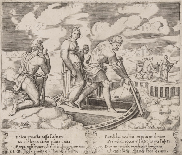 Psyche in Charon's Ferry, Story of Amor and Psyche, print, Series number, 25, 32, Psyche stands in the boat of the ferryman Charon who takes her to the other side of the River Styx. On the other side of the river lies the underworld, where Psyche encounters a man with a donkey. Italian text in two cartouches in the lower margin. Numbered twice lower left: 25., collector's mark: 'Hinloopen', number: '7', printmaker: Master of the Dice, Italy, after design by Michiel Coxie (I), publisher: Antonio Salamanca, Rome, c. 1530 - c. 1560, paper, engraving, intaglio printmaking technique, engraving with plate tone, height 197 mm x width 234 mm, A detailed black and white engraving showing figures near a small boat on a rocky shore under a sky with large clouds; in the foreground a bearded man kneels on a rock holding a staff, a robed woman stands nearby holding a cup and wearing a long dress with drapery, and a muscular man leans over the boat grasping an oar; the boat is moored among rocks and ...