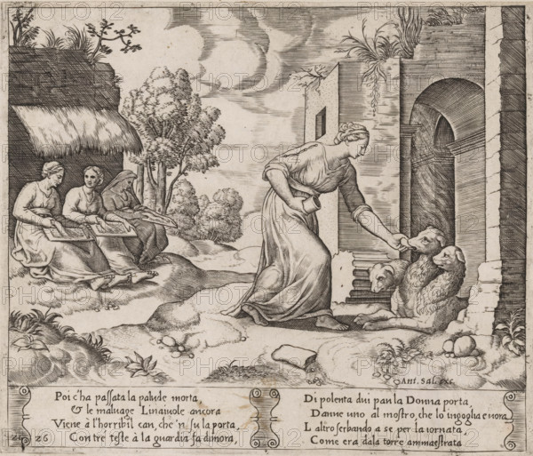 Psyche Leading Cerberus, Story of Amor and Psyche, print, Series number, 26, 32, Psyche leads Cerberus, the three-headed dog that guards the entrance to the underworld. On the left, the three Fates, spinning the threads of life for humans. Italian text in two cartouches in the lower margin. Numbered twice lower left: 26., number: '6', collector's mark: 'Hinloopen', printmaker: Master of the Dice, Italy, after design by Michiel Coxie (I), publisher: Antonio Salamanca, Rome, c. 1530 - c. 1560, Master of the Dice, Michiel Coxie (I), Antonio Salamanca, printmaker, after design by, publisher, paper, engraving, intaglio printmaking technique, engraving with plate tone, height 200 mm x width 235 mm, A monochrome engraving shows a landscape with a woman in a long draped dress bending forward to offer something to a group of three dogs gathered at the base of a stone doorway and steps; to the left three seated women hold boards on their laps and appear to be working with their hands beneath a t...