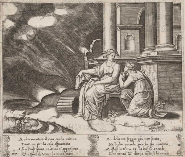 Psyche receives the jar with Proserpina's beauty, Story of Amor and Psyche, print, Series number, 27, 32, In the underworld, Psyche receives the jar filled with the beauty of Proserpina, the queen of the underworld. Italian text in two cartouches in the lower margin. Numbered twice lower left: 27., number: '4', collector's mark: 'Hinloopen', printmaker: Master of the Dice, Italy, after design by Michiel Coxie (I), publisher: Antonio Salamanca, Rome, c. 1530 - c. 1560, paper, engraving, intaglio printmaking technique, engraving with plate tone, height 204 mm x width 239 mm, A black and white engraved scene shows two robed women seated on a carved stone ledge in front of a classical building with tall fluted columns and arched niches; one woman sits more upright with draped fabric over her lap and an arm resting on the ledge while the other kneels beside her, leaning forward with a hand near her face; below them the ground is rocky with small plants and textured stones, and above to the ...
