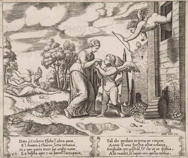 Psyche opens the jar with Proserpina's beauty, Story of Amor and Psyche, print, Series number, 28, 32, Seduced by the idea that it will make her more beautiful, Psyche opens the jar filled with the beauty of Proserpina, the goddess of the underworld. On the right, Amor escapes from the window of the palace in which Venus imprisoned him. On the left, the fallen Psyche awakens, after which Amor will take her away. Italian text in two cartouches in the lower margin. Numbered twice lower left: 28., collector's mark: 'Hinloopen', number: '5', printmaker: Meester van de Dobbelsteen, Italy, after design by Michiel Coxie (I), publisher: Antonio Salamanca, Rome, c. 1530 - c. 1560, Master of the Dice, paper, engraving, intaglio printmaking technique, engraving with plate tone, height 198 mm x width 234 mm, A detailed black and white engraving shows a robed woman standing and leaning forward to hand a small object to a winged child who kneels before her, the child holding the object with both han...