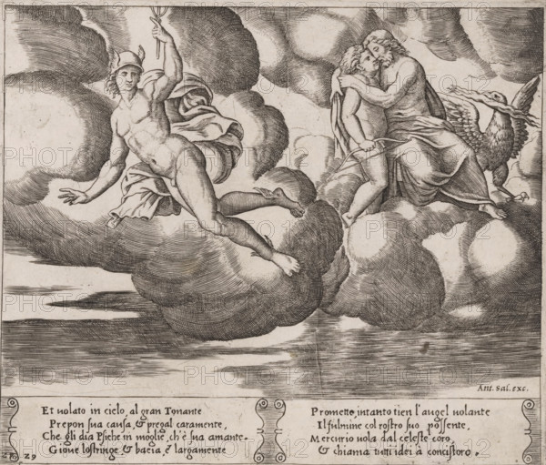 Amor begs Jupiter, Story of Amor and Psyche, print, Series number, 29, 32, Amor begs Jupiter for mercy for the king's daughter Psyche. Right Amor in the arms of Jupiter, beside them the eagle and lightning bolt. Left Mercury, with caduceus in hand, to whom Jupiter commanded to take Psyche to heaven. Italian text in two cartouches in the lower margin. Numbered twice lower left: 29., number: '3', collector's mark: 'Hinloopen', printmaker: Master of the Dice, Italy, after design by Michiel Coxie (I), publisher: Antonio Salamanca, Rome, c. 1530 - c. 1560, paper, engraving, intaglio printmaking technique, engraving with plate tone, height 201 mm x width 237 mm, A monochrome engraving showing figures on clouds across a horizontal scene; on the left a nude winged male wearing a helmet and a draped cloak, reclining on a cloud with one arm extended and the other raised holding a staff with forked prongs, his legs stretched outward; on the right an older bearded man seated on clouds, draped in r...