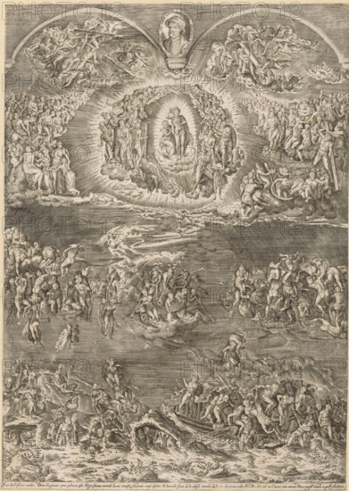 Last Judgment, print, The fresco 'The Last Judgment' by Michelangelo in the Sistine Chapel. At the top between the two arches, the portrait of Michelangelo, at the age of 73., collector's mark: 'Hinloopen', after print by Martino Rota, Italy, after painting by Michelangelo, Vatican City, printer (person): Niccolò Nelli, Venice, 1576, Martino Rota, Michelangelo, Niccolò Nelli, printmaker, after print by, after painting by, printer (person), paper, engraving, height 262 mm x width 187 mm, The composition with the portrait of Michelangelo above the fresco is by Martino Rota., Person, portrait, self-portrait of artist, Last Judgement, A densely engraved scene fills the page with numerous human figures arranged across a vertical composition, many clustered on swirling clouds and rays of light near the top, where a central luminous oval surrounds a small group of standing and seated figures with a ladder and cloud platforms; surrounding them are many groups of standing, seated, and reclining...
