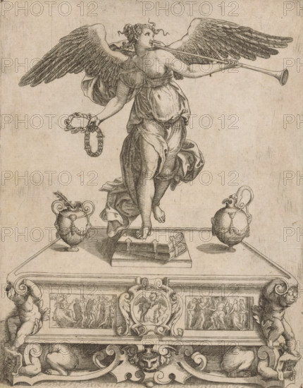 Fame, print, Fame as a winged female figure, standing on two books and blowing a trumpet. In her hand she holds two wreaths formed by ears, tongues, and eyes., collector's mark: 'Hinloopen', number: '4', Italy, 1500 - 1599, printmaker, paper, engraving, etching, intaglio printmaking technique, etching and engraving with plate tone, height 224 mm x width 175 mm, 'Fama', 'Fama buona', 'Fama chiara' (Ripa), horn, trumpet, cornet, trombone, tuba, eyes, ears, tongue, A detailed ink engraving shows a winged female figure standing on a raised rectangular plinth, one foot forward with draped cloth around her waist and torso, hair tied back with loose curls, and large feathered wings extended. She holds a long trumpet to her lips with one hand and a wreath with the other. Flanking the plinth are two ornate urns with decorative handles and hanging garlands. On the plinth surface lie a closed book and a set of tied objects. The supporting structure beneath the plinth is richly carved with scrollw...