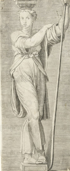 Caryatid with oar, print, A caryatid, standing cross-legged and leaning on an oar, symbolizes maritime trade., collector's mark: 11, printmaker: Cornelis Bos, after painting by Giovanni Francesco Penni, after drawing by Rafaël, c. 1537 - c. 1555, Cornelis Bos, Giovanni Francesco Penni, Rafaël, printmaker, after painting by, after drawing by, paper, engraving, gravure, height 200 mm x width 83 mm, caryatids, architecture, trade, commerce and finance, A tall engraved figure of a person standing on a rectangular plinth, wearing a draped garment tied at the waist and sandals, with one arm raised to hold a long staff that extends beyond the top of the image; the head shows short wavy hair and a composed facial expression, a decorative element rests atop the head, and fine parallel hatching fills the background and provides shading across the folds of the clothing and the contours of the limbs.