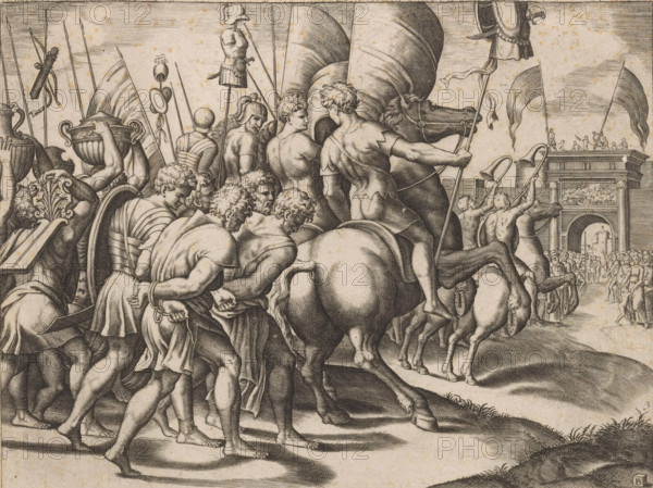 Triumph of Scipio, print, Triumphal procession of Scipio Africanus in Rome after his victory over the Carthaginian army. Behind the victors on horseback walk the chained vanquished. On the right a triumphal arch., collector's mark: 'Hinloopen', printmaker: Master of the Dice, Italy, after design by Raphael, c. 1530 - c. 1560, Master of the Dice, Raphael, printmaker, after design by, paper, engraving, intaglio printmaking technique, engraving with plate tone, height 187 mm x width 247 mm, triumphal arch, triumph of Scipio, A densely packed scene of engraved figures and horses moving toward a distant triumphal arch, dominated by muscular, partially clothed men seen from behind and in profile, some mounted and some on foot, carrying rods, standards, and large ornate objects; several helmeted soldiers and youths with curly hair are visible among the group, and decorative armor and shields appear held or slung; horses with detailed harnesses and flowing manes are interspersed with the peopl...