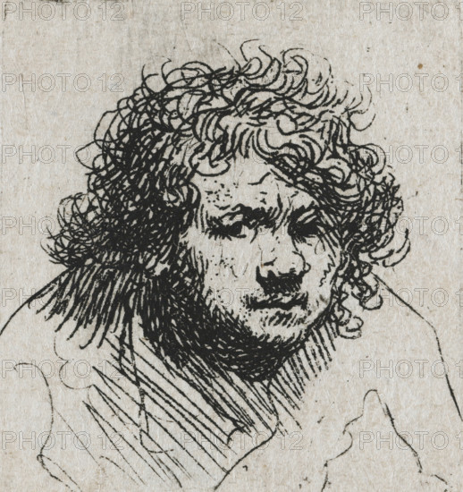 Self-portrait leaning forward: bust, print, printmaker: Rembrandt van Rijn, c. 1629, paper, etching, height 43 mm x width 40 mm, Person, A close-up black ink drawing on textured beige paper showing the upper part of a face with a mass of curly hair and a furrowed brow, dark ink strokes forming dense curls, heavy shaded lines around the eyes and mouth, and hatched strokes suggesting a garment or cloak below the chin.