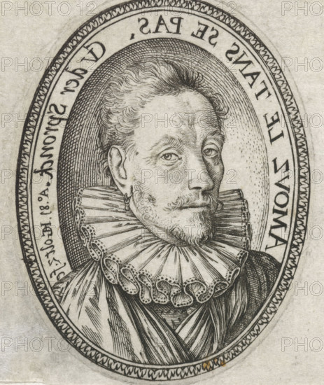 Portrait of Geeraert Verspronck, print, Portrait bust of Geeraert Verspronck, in oval with mirrored edge writing., printmaker: Hendrick Goltzius, Haarlem, 1581, paper, engraving, height 47 mm x width 35 mm, portrait, self-portrait of artist, An oval engraving shows a half-length portrait of a man wearing a high ruffled collar and layered clothing, his face turned slightly to one side with a small mustache and pointed beard, finely detailed hair combed back, an earring in one ear, and closely hatched shading around the head and within the oval frame that is decorated with a repeating inner border pattern.