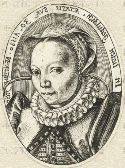 Portrait of Grietgen Jansdr, the Artist's Wife, print, Portrait of (probably) Grietgen Jansdatter, wife of Hendrick Goltzius, at the age of 30. Only Grietgen's head, turned slightly to the right, is depicted. Edge lettering with motto in mirror image. Imprint of a (silver?) medallion., signature: 'HGoltzius fecit.', date: 'A 1580', edge inscription: 'In Mannen patience. Aetatis sua 30', printmaker: Hendrick Goltzius, Haarlem, 1580, paper, engraving, engraving in silver, height 42 mm x width 31 mm, Person, Margaretha Jansdatter, historical persons, A close-up black and white engraved portrait of a person shown from the shoulders up inside an oval frame, wearing a head covering with patterned fabric and a folded brim, a high ruffled collar with looped folds, and a patterned garment with vertical decorative elements; the face has detailed shading and fine linework showing the eyes, nose, mouth, and textured skin; concentric engraved lines fill the background inside the oval and the image ...