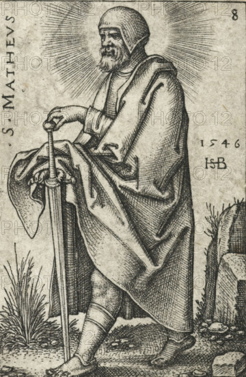 Matthew, S. Mathevs, Twelve Apostles, print, Series number, 8, 12, printmaker: Hans Sebald Beham, Frankfurt am Main, 1546, Hesse, paper, engraving, height 46 mm x width 30 mm, the apostle and evangelist Matthew (Mattheus), possible attributes: angel, axe, book, halberd, pen and inkhorn, purse, scroll, square, sword, A detailed black and white line engraving of a robed bearded figure wearing a close-fitting cap and a cloak that drapes in folds, standing with one hand resting on the pommel of a long sword whose point contacts the ground; the figure has a halo of radiating lines around the head, visible texture and crosshatching throughout the clothing and cloak, and bare feet stepping on a rocky, grassy ground with small plants and stones; to the left vertical text appears along the image border and to the right there are small marks and letters near the figure's shoulder and hip.
