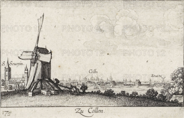 View of Cologne with mill in foreground, Zu Cöllen, Cityscapes and landscapes, Amoenissimae Aliquot Locorum In Diversis Provincijs iacentiu Effigies, print, Series number, 17, 24, printmaker: Wenceslaus Hollar, Cologne, publisher: Abraham Hogenberg, 1635, North Rhine-Westphalia, paper, etching, height 61 mm x width 95 mm, city-view, and landscape with man-made constructions, A wide horizontal ink drawing shows a landscape with a large traditional windmill in the foreground on the left, its sails and cap detailed with crosshatching and set atop a raised wooden base with visible beams and stones. Near the windmill a group of small figures and animals stand on a patterned ground leading into a field, and beyond them a dense townscape stretches across the middle distance with numerous church spires, rooftops, and clustered buildings rendered in fine line work. To the right a stand of trees with textured foliage rises from the edge of the built area, and the sky above contains softly hatche...