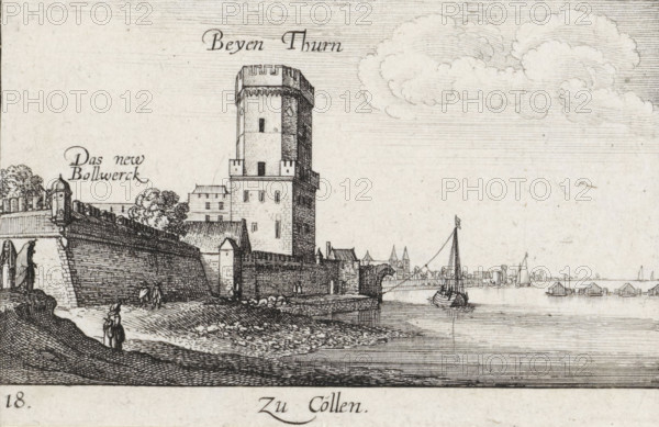 View of the city walls of Cologne, Zu Cöllen, Amoenissimae Aliquot Locorum In Diversis Provincijs iacentiu Effigies, Cityscapes and landscapes, print, Series number, 18, 24, printmaker: Wenceslaus Hollar, Cologne, publisher: Abraham Hogenberg, 1635, North Rhine-Westphalia, paper, etching, height 61 mm x width 94 mm, city-walls, city-view, and landscape with man-made constructions, A riverside scene rendered in fine black ink lines shows a tall stone tower with crenellations rising behind a fortified wall and a small gatehouse, a few smaller buildings clustered nearby and trees behind the wall, a shoreline with textured ground where small figures stand and walk, a sailing boat moored near the wall with its mast and rigging visible and additional small boats on the water, a distant city skyline with spires and low structures along the far bank, stylized clouds in the sky and delicate horizontal line shading across the background.