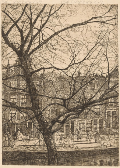 Canal houses with neck gables in Amsterdam, print, In the foreground a bare tree. Figures walking on the canal., printmaker: Pieter Dupont, Amsterdam, 1895-11, paper, zinc etching, intaglio printmaking technique, height 273 mm x width 198 mm, canals, waters (in city), trees (bare plant), A detailed sepia-toned etching shows a large leafless tree with thick textured trunk and many intertwining branches filling the foreground, its limbs stretching across the entire scene. Behind the tree, a row of tall narrow brick buildings with multiple windows and varied rooflines lines a street, their facades rendered with fine crosshatching and architectural detail. On the street in front of the buildings, numerous small figures in period clothing walk, stand, and interact, some appearing to carry items or push carts. A canal or body of water runs along the bottom edge, bordered by a paved embankment, and a few lampposts and rooftop ornaments are visible among the buildings and branches. The sky abo...