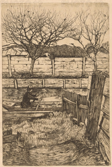 Man in a rowboat, probably at the Slatuinen in Amsterdam, print, In the background a wooden fence with haystacks behind it., printmaker: Pieter Dupont, Amsterdam, 1894 - 1895, paper, zinc etching, intaglio printmaking technique, height 290 mm x width 190 mm, rowing-boat, canoe, hay-stack, Baarsjes, A monochrome etched scene shows a riverbank with tall grasses in the foreground, a wooden path or worn ground leading toward the water, and a leaning wooden fence and planks on the right. In the middle ground a small rowboat with a seated figure wearing a hat is being rowed along the water, with a simple dock or posts along the far bank behind it. Beyond the bank a horizontal fence runs across the image, and leafless trees with intricate bare branches rise above the fence, some with small birds perched among the twigs. Behind the trees are low thatched roofs and simple buildings partially visible, and the sky above is plain and unadorned.