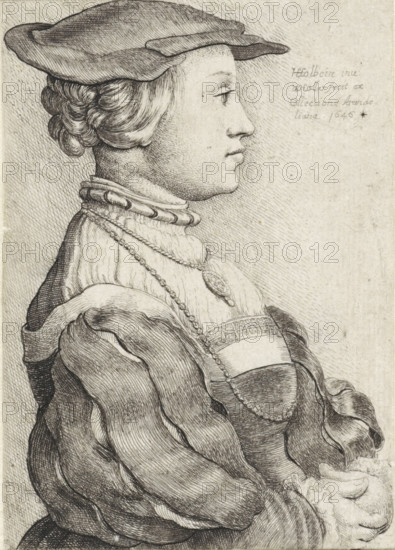 Portrait of a woman with a bonnet, in profile, Portrait of Anna of Cleves (?), print, printmaker: Wenceslaus Hollar, Antwerp, after painting by Hans Holbein (II), 1646, paper, etching, height 95 mm x width 67 mm, Person, Anna of Cleves (Queen of England), head-gear (BONNET) (men's clothes), anonymous historical person portrayed alone - BB - woman, A finely detailed black and white line drawing of a person shown in profile facing right, wearing a soft, flat hat and hair styled in waves and rolls at the back, with a smooth, youthful face and a straight nose. The figure wears a high collar with layered necklaces and a long chain with a pendant over a textured garment, and voluminous, folded sleeves with visible seams and shading. The background is hatched closely with diagonal lines, and the overall image shows fine crosshatching and delicate line work.