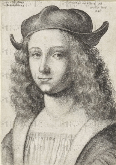 Portrait of a young man with long curly hair and a hat, print, printmaker: Wenceslaus Hollar, Antwerp, after design by Garofalo, after design by Leonardo da Vinci, 1646, paper, etching, height 97 mm x width 66 mm, adult man, head-gear: cap (men's clothes), A black and white engraved portrait of a young person shown from the chest upward wearing a wide-brimmed, soft hat and wavy, shoulder-length hair; the face is rendered with fine line shading, featuring arched brows, almond-shaped eyes gazing slightly forward, a straight nose, and closed lips forming a neutral expression; the subject wears a garment with a fur-lined collar over a pleated bodice, and the background is plain with visible paper texture.