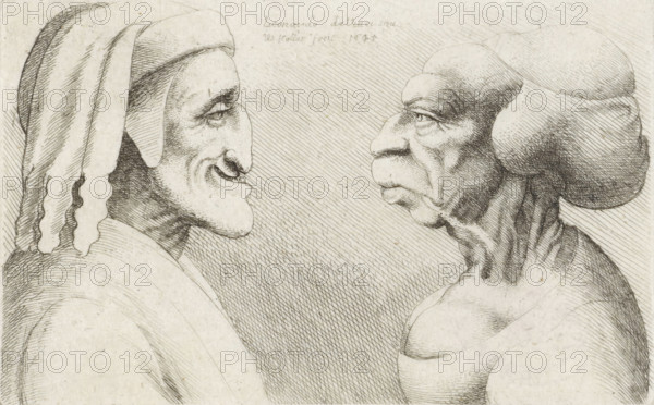 Deformed caricature heads of a man with a cap (Dante?) and a woman, Caricatures, heads and deformities after Leonardo da Vinci, Varie figurae et probae, print, printmaker: Wenceslaus Hollar, Antwerp, after drawing by Leonardo da Vinci, 1645, paper, etching, height 72 mm x width 114 mm, The series consists of a title print and thirteen subsequent prints, of which the first state is unnumbered. Every second or third state is numbered with a number-letter combination or just a number., disabilities, deformations, head-gear: cap (men's clothes), caricatures (human types), Two bust-length profile figures face each other across the image, drawn in fine linear etching on a light textured background. The figure on the left wears a draped head covering with long hanging folds and has a pronounced hooked nose, a visible eye with a slightly arched brow, a smiling mouth with defined teeth, and a high cheekbone; shading is created with closely spaced parallel and cross-hatched lines. The figure on ...