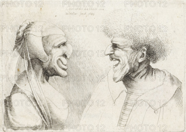 Deformed heads of a laughing man and woman with a head covering, Caricatures, heads and deformities after Leonardo da Vinci, Varie figurae et probae, print, printmaker: Wenceslaus Hollar, Antwerp, after drawing by Leonardo da Vinci, 1645, paper, etching, height 74 mm x width 105 mm, The series consists of a title print and thirteen subsequent prints, of which the first state is unnumbered. Every second or third state is numbered with a number-letter combination or just a number., disabilities, deformations, head-gear, Two caricatured faces in profile face each other on a pale paper background, rendered in fine pen lines and crosshatching. The figure on the left wears a draped head covering with long folds and a hooked, exaggerated nose and pronounced lips, their brow and cheek defined by dense parallel shading. The figure on the right has a rounded, textured hair mass made of small curved strokes, a prominent hooked nose, an open mouth showing uneven teeth, and a wrinkled neck and garm...