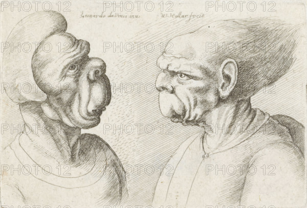 Two deformed heads, Varie figurae et probae, Caricatures, heads and deformities after Leonardo da Vinci, print, printmaker: Wenceslaus Hollar, Antwerp, after drawing by Leonardo da Vinci, 1645, paper, etching, height 71 mm x width 106 mm, The series consists of a title print and thirteen subsequent prints, of which the first state is unnumbered. Every second or third state is numbered with a number-letter combination or just a number., disabilities, deformations, head-gear, A black and white line drawing of two busts facing each other, both showing exaggerated, distorted facial features with prominent brows, deep wrinkles, and large jutting noses. The left figure wears a rounded hat and a draped garment and has heavy folds around the mouth and neck, with a visible eye looking toward the right. The right figure has a high forehead, a pronounced ear, and a hair mass swept back, along with deep lines on the cheek and neck and a simple garment with a small round clasp at the throat. The ba...