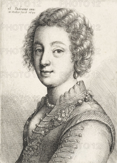 Portrait of young woman with short curly hair, print, printmaker: Wenceslaus Hollar, Antwerp, after design by Padovanino, 1645, paper, etching, height 102 mm x width 73 mm, anonymous historical person depicted alone - BB - woman, A finely detailed black and white engraved portrait of a young person shown from the chest up in three-quarter view, with short curly hair framing the forehead and temples and soft facial features including a straight nose and slightly smiling lips, wearing an ornate garment with a high scalloped collar, a beaded necklace, and decorative floral and ribbon embellishments on the bodice and sleeves, rendered with delicate crosshatching and fine line work against a light textured background.