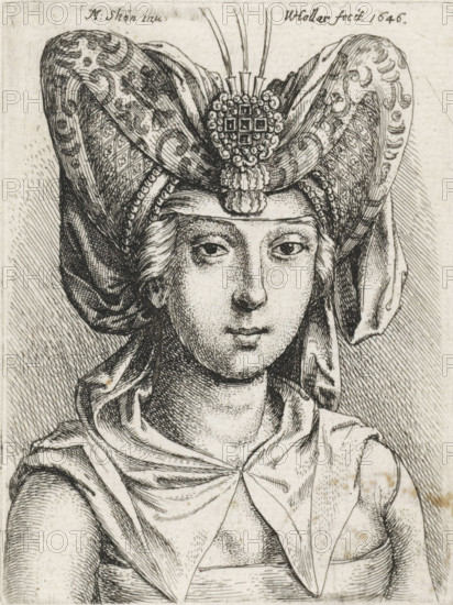Portrait of woman with V-shaped bourrelet on the head, print, printmaker: Wenceslaus Hollar, Antwerp, after design by Martin Schongauer, 1646, paper, etching, height 75 mm x width 56 mm, anonymous historical person depicted alone - BB - woman, head-gear (BOURRELET) (women's clothes), A black and white etched portrait of a person shown from the chest up wearing an ornate, patterned headdress with folds and decorative motifs and a central jeweled ornament, the face rendered with fine stippling and line work showing neutral expression and almond-shaped eyes, hair peeking beneath the headpiece, draped garments around the shoulders with visible folds and texture, and a lightly hatched background.